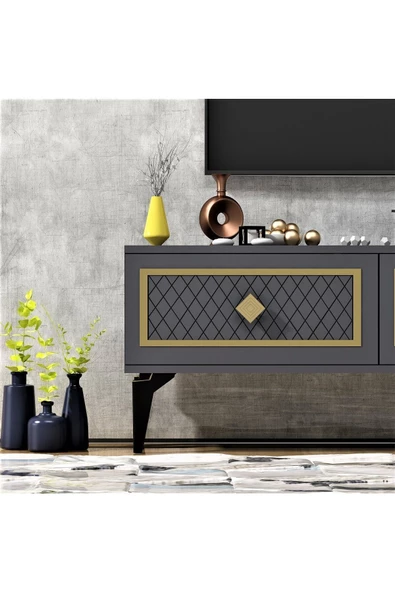 DEMONTE DECOR KAREL TV SEHPASI  ve KONSOL 2'Lİ SALON TAKIMI ANTRASİT-ALTIN - 4