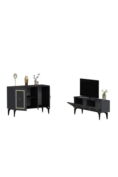 DEMONTE DECOR KAREL TV SEHPASI  ve KONSOL 2'Lİ SALON TAKIMI ANTRASİT-ALTIN - 5