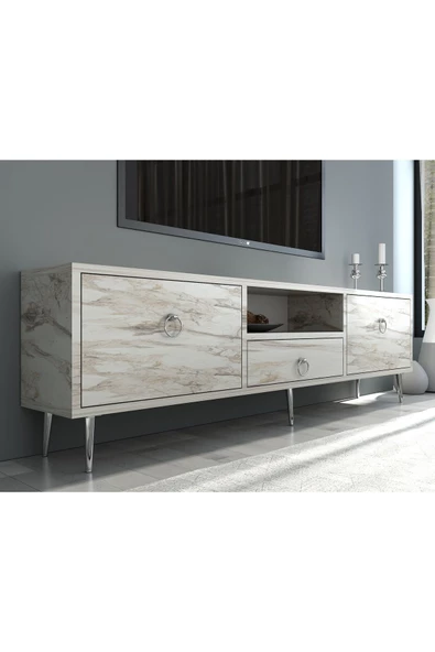 DEMONTE DECOR 2 Kapaklı, Raflı Ve Çekmeceli Drop Tv Ünitesi Efesmermer-Gümüş - 2