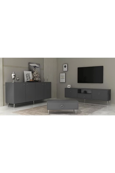 DEMONTE DECOR DROP TV ÜNİTESİ,KONSOL ve ORTA SEHPA 3'LÜ SALON TAKIMI ANTRASİT-GÜMÜŞ