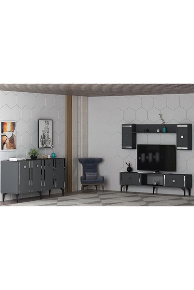 DEMONTE DECOR Doruk Tv Ünitesi Ve Konsol 2'li Salon Takımı Antrasit-gümüş