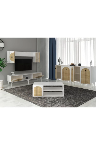 DEMONTE DECOR BREDDA TV ÜNİTESİ,KONSOL ve ORTA SEHPA 3'LÜ SALON TAKIMI BEYAZ-SAFİRMEŞE - 2