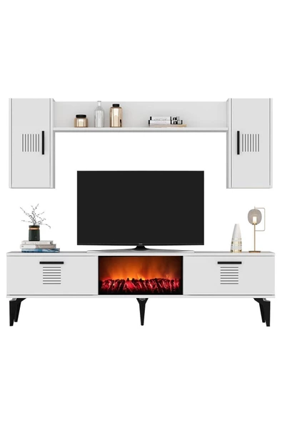DEMONTE DECOR ASİMO TV ÜNİTESİ ŞÖMİNELİ TAKIM BEYAZ - 2