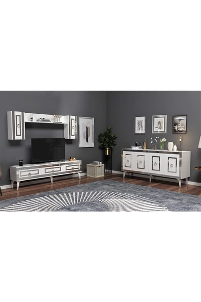 DEMONTE DECOR Karya 180 Cm Tv Ünitesi Ve Konsol 2'li Salon Takımı Beyaz-gümüş