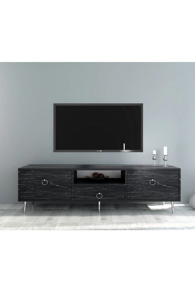 DEMONTE DECOR 2 Kapaklı, Raflı Ve Çekmeceli Drop Tv Ünitesi Royalmermer-Gümüş