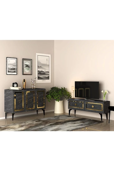 DEMONTE DECOR KAREL TV SEHPASI  ve KONSOL 2'Lİ SALON TAKIMI ROYALMERMER-ALTIN