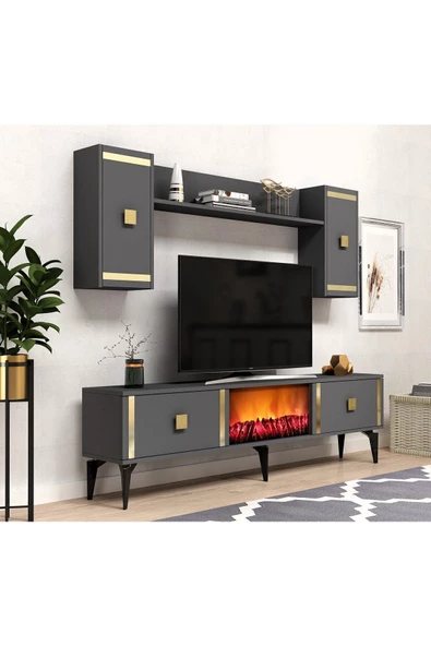 DEMONTE DECOR DORUK ŞÖMİNELİ TV ÜNİTESİ ANTRASİT ALTIN - 2