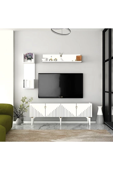 DEMONTE DECOR MEDA TV ÜNİTESİ TAKIMI BEYAZ-ALTIN