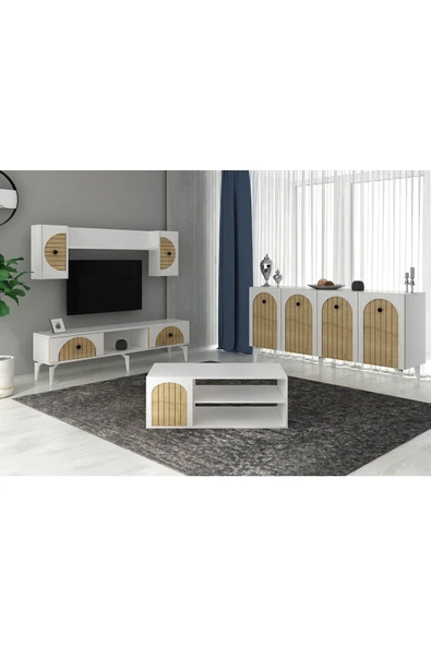 DEMONTE DECOR BREDDA TV ÜNİTESİ,KONSOL ve ORTA SEHPA 3'LÜ SALON TAKIMI BEYAZ-SAFİRMEŞE