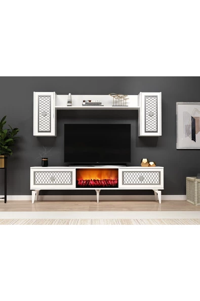DEMONTE DECOR Herry Tv Ünitesi Şömineli Takım Beyaz Gümüş