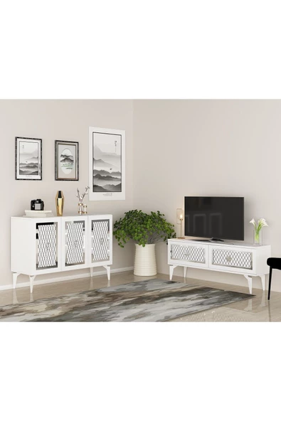 DEMONTE DECOR KAREL TV SEHPASI  ve KONSOL 2'Lİ SALON TAKIMI BEYAZ-GÜMÜŞ