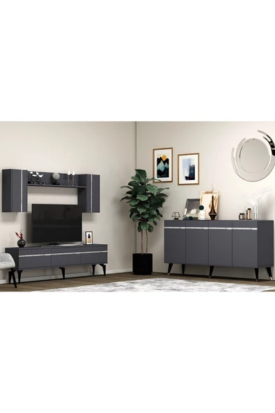 DEMONTE DECOR Deffne 180 Cm Tv Ünitesi Ve Konsol 2'li Salon Takımı Antrasit-gümüş