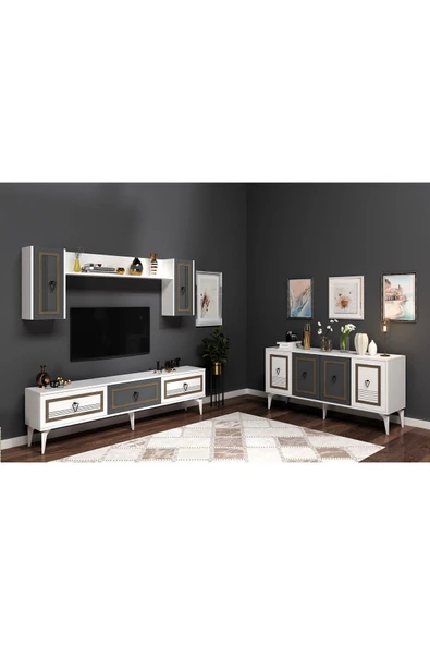 DEMONTE DECOR Asya 180 Cm Tv Ünitesi Ve Konsol 2'li Salon Takımı Beyaz-antrasit-ceviz