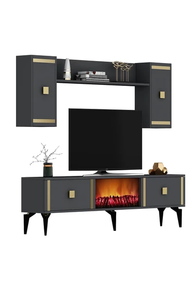DEMONTE DECOR DORUK ŞÖMİNELİ TV ÜNİTESİ ANTRASİT ALTIN - 4