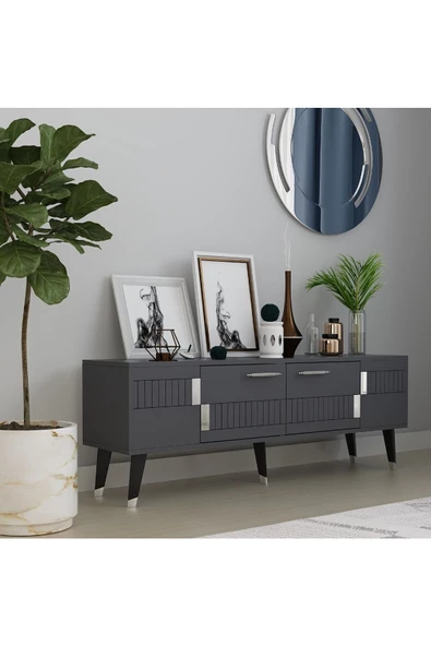 DEMONTE DECOR 2 Raflı, Kapaklı 150 Cm Moda Tv Ünitesi Antrasit-gümüş