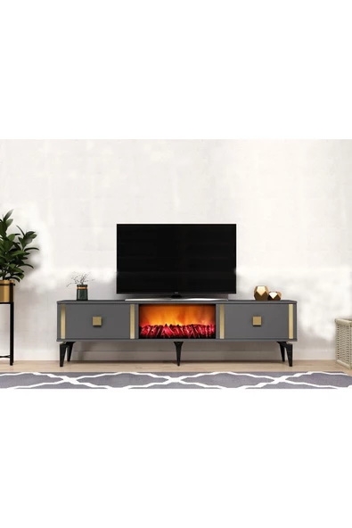 DEMONTE DECOR DORUK TV SEHPASI (ALT MODÜL) ŞÖMİNELİ ANTRASİT ALTIN