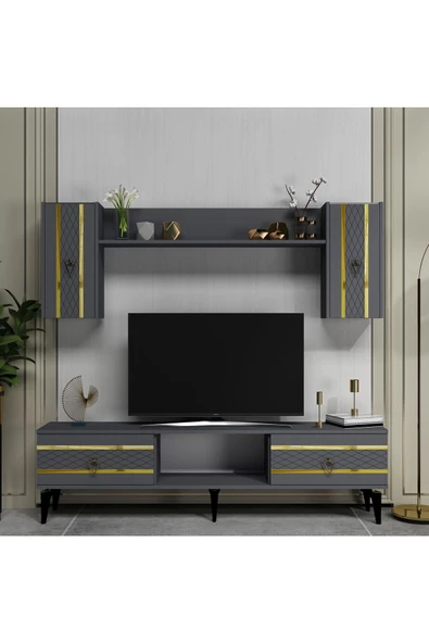 DEMONTE DECOR PELİN TV ÜNİTESİ TAKIMI ANTRASİT-ALTIN
