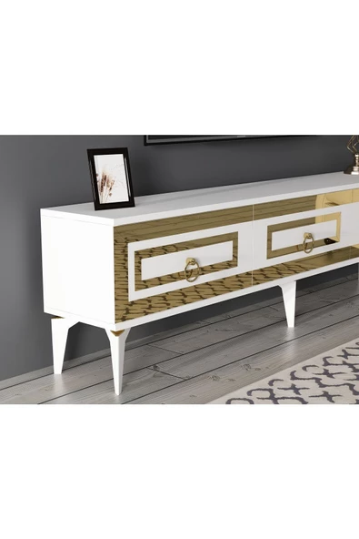DEMONTE DECOR Karya 180 Cm Tv Ünitesi Ve Konsol 2'li Salon Takımı Beyaz-altın - 3