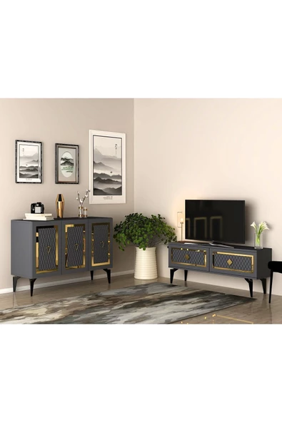 DEMONTE DECOR KAREL TV SEHPASI  ve KONSOL 2'Lİ SALON TAKIMI ANTRASİT-ALTIN