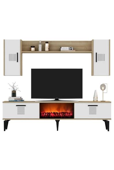 DEMONTE DECOR ASİMO TV ÜNİTESİ ŞÖMİNELİ TAKIM SAFİRMEŞE BEYAZ - 2
