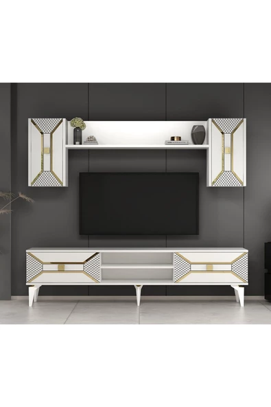 DEMONTE DECOR YUMEDİ TV ÜNİTESİ,KONSOL ve ORTA SEHPA 3'LÜ SALON TAKIMI BEYAZ-ALTIN - 4