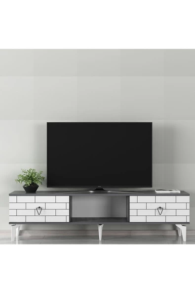 DEMONTE DECOR 2 Kapaklı, Raflı Varna Tv Sehpası Alt Modül Beyaz-antrasit