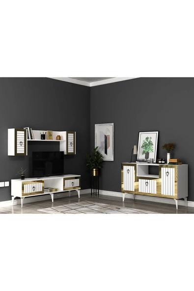 DEMONTE DECOR LİNDA TV ÜNİTESİ ve KONSOL 2'Lİ SALON TAKIMI BEYAZ-ALTIN