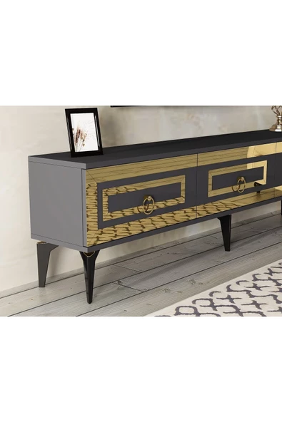 DEMONTE DECOR Karya 180 Cm Tv Ünitesi Antrasit Altın - 3