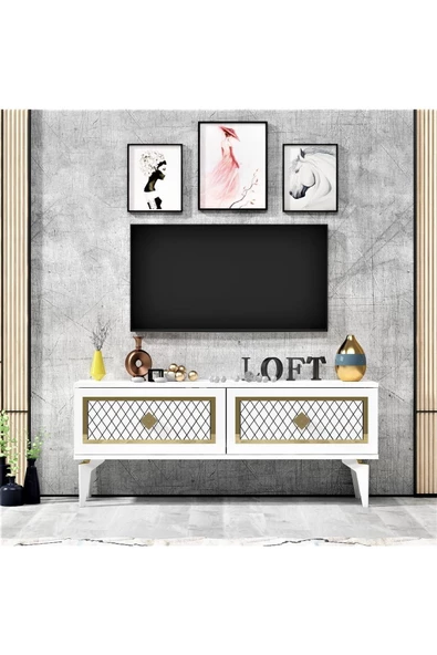 DEMONTE DECOR 2 Kapaklı Arel Tv Sehpası Beyaz-altın