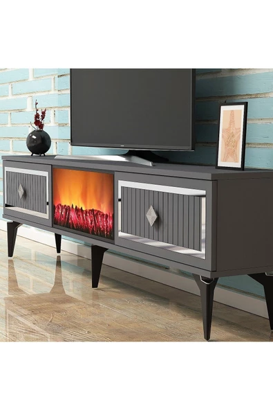 DEMONTE DECOR FLLAME ŞÖMİNELİ TV SEHPASI (ALT MODÜL) ANTRASİT-GÜMÜŞ - 4
