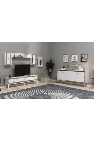DEMONTE DECOR Ponny 180 Cm Tv Ünitesi Ve Konsol 2'li Salon Takımı Beyaz-gümüş