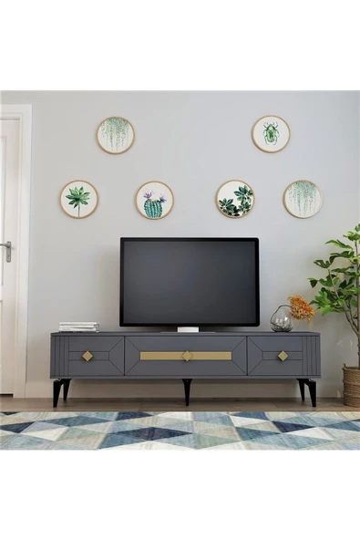 DEMONTE DECOR Ceneyra 180 Cm Tv Ünitesi Antrasit-altın - 7