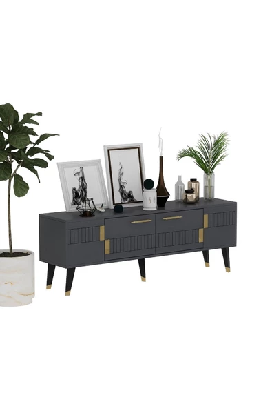 DEMONTE DECOR 2 Raflı, Kapaklı 150 Cm Moda Tv Ünitesi Antrasit-altın - 3