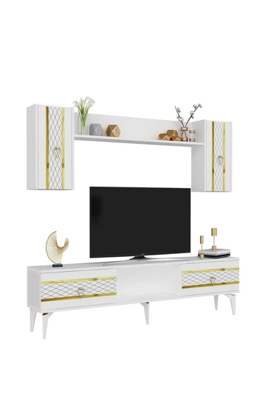 DEMONTE DECOR PELİN TV ÜNİTESİ ve KONSOL 2'Lİ SALON TAKIMI BEYAZ-ALTIN - 4
