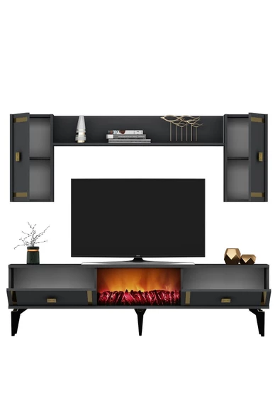 DEMONTE DECOR DORUK ŞÖMİNELİ TV ÜNİTESİ ANTRASİT ALTIN - 5