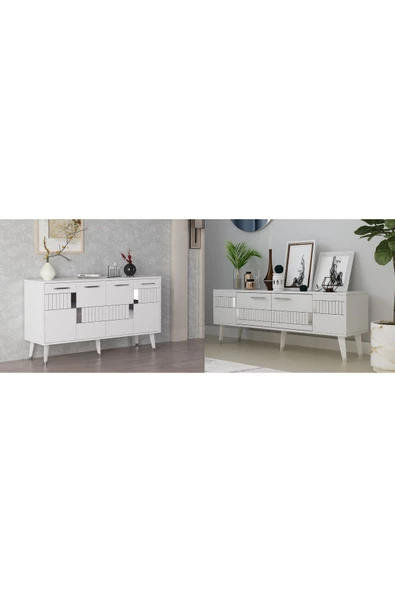 DEMONTE DECOR Moda Tv Ünitesi Ve Konsol 2'li Salon Takımı Beyaz-gümüş