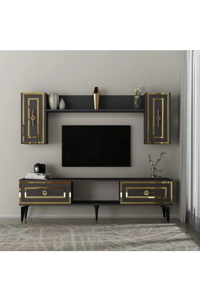 DEMONTE DECOR VİOLA TV ÜNİTESİ TAKIMI ANTRASİT-ALTIN