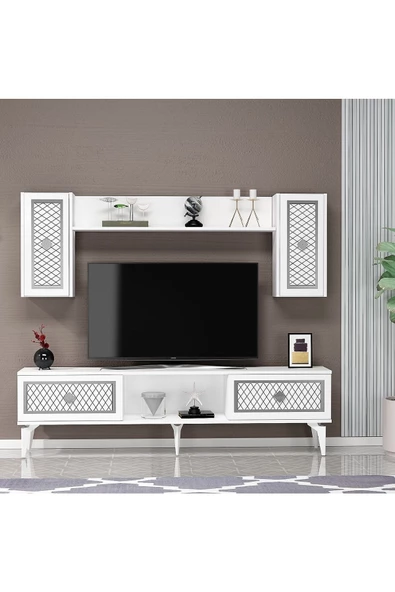 DEMONTE DECOR 4 Kapaklı, 2 Raflı Herry Tv Ünitesi Takım Beyaz-gümüş
