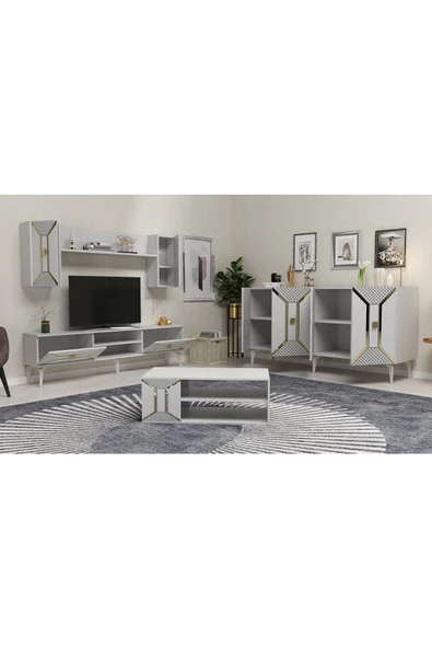 DEMONTE DECOR YUMEDİ TV ÜNİTESİ,KONSOL ve ORTA SEHPA 3'LÜ SALON TAKIMI BEYAZ-ALTIN - 2