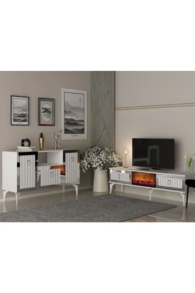 DEMONTE DECOR Linda Şömineli Tv Sehpası Ve Konsol 2'li Salon Takımı Beyaz-gümüş
