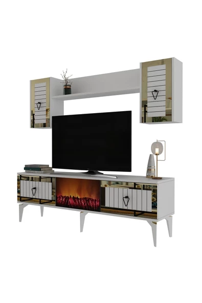 DEMONTE DECOR Linda Şömineli Tv Ünitesi Ve Şömineli Konsol 2'li Salon Takimi Beyaz-altin - 6