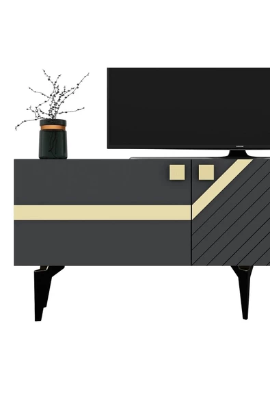 DEMONTE DECOR İRİS TV ÜNİTESİ 2 KAPAKLI ANTRASİT - ALTIN - 7