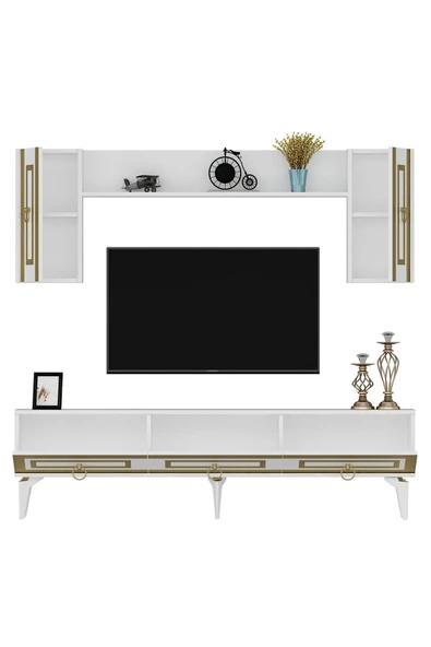 DEMONTE DECOR Karya 180 Cm Tv Ünitesi Ve Konsol 2'li Salon Takımı Beyaz-altın - 7