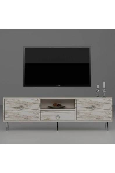 DEMONTE DECOR 2 Kapaklı, Raflı Ve Çekmeceli Drop Tv Ünitesi Efesmermer-Gümüş - 3