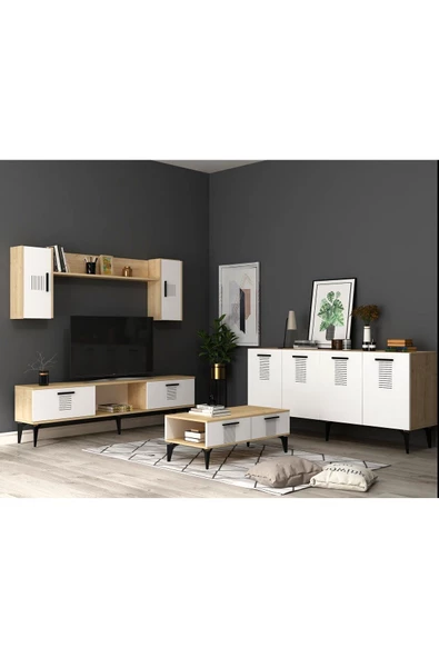 DEMONTE DECOR ASİMO TV ÜNİTESİ, ORTA SEHPA VE KONSOL SALON TAKIMI SAFİRMEŞE-BEYAZ