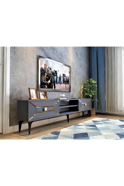 DEMONTE DECOR 2 Raflı, 2 Kapaklı Yumedi Tv Sehpası (ALT MODÜL) Antrasit-altın
