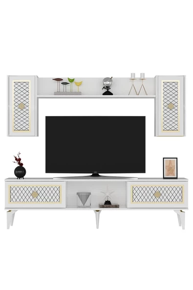 DEMONTE DECOR 4 Kapaklı, 2 Raflı Herry Tv Ünitesi Takım Beyaz-altın - 6