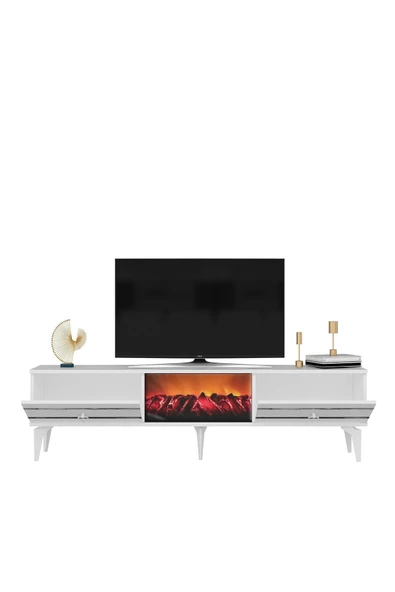 DEMONTE DECOR PELİN TV SEHPASI ŞÖMİNELİ BEYAZ-GÜMÜŞ - 5