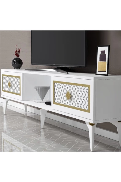 DEMONTE DECOR 4 Kapaklı, 2 Raflı Herry Tv Ünitesi Takım Beyaz-altın - 3