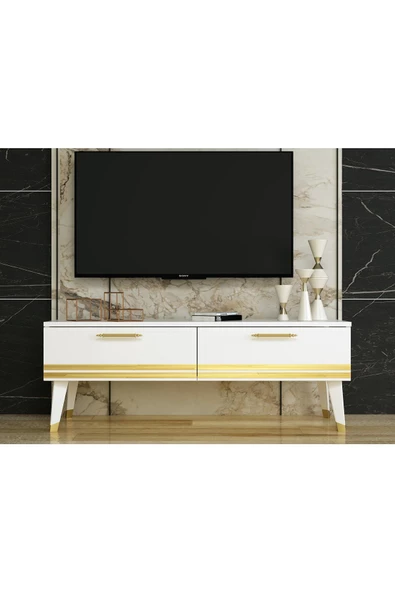 DEMONTE DECOR 2 Kapaklı, Beyaz Ayaklı Laco Tv Sehpası Beyaz